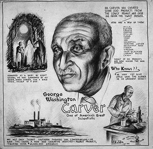 A drawing of George Washington Carver surrounded by illustrations relating to his inventions.